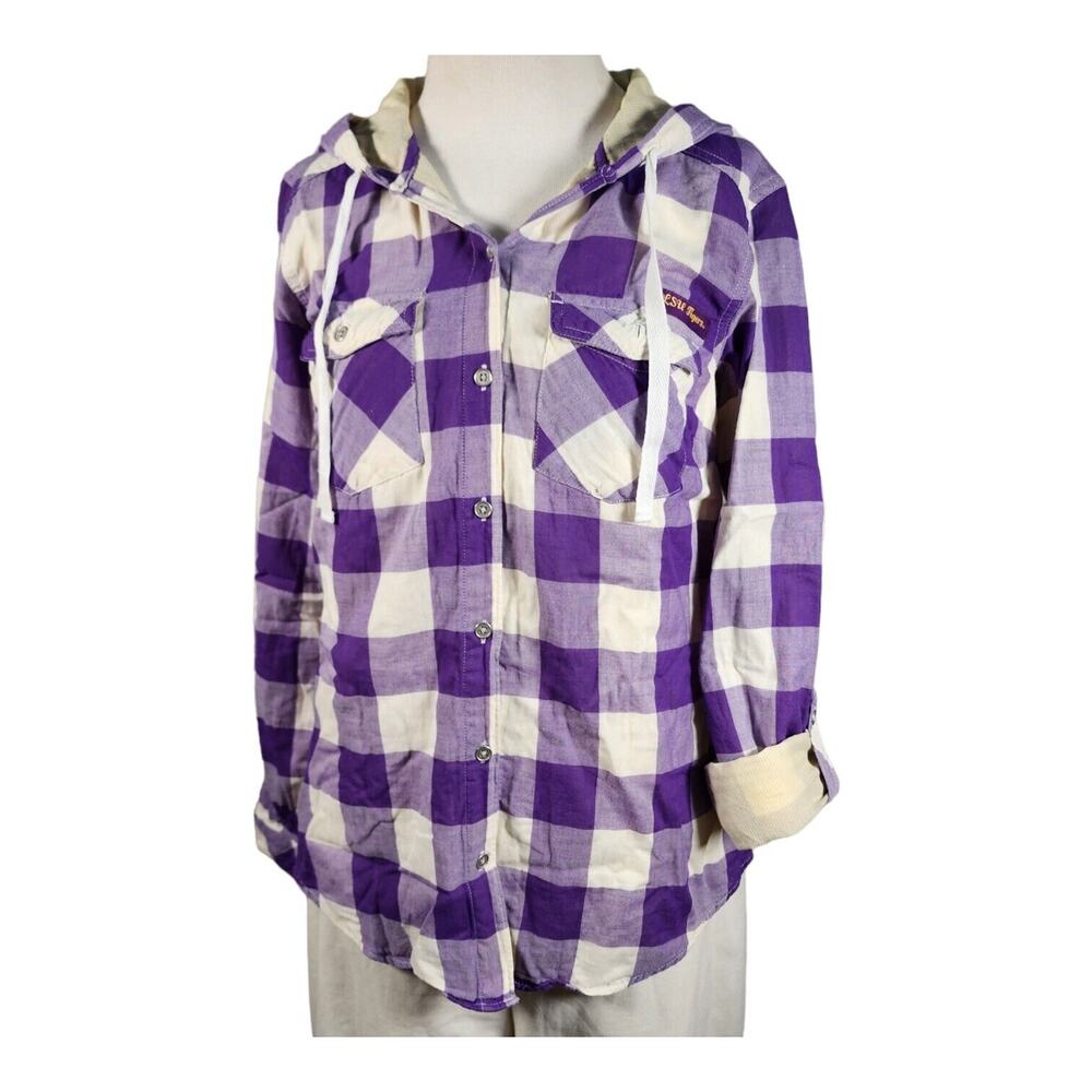 LSU TIGERS Logo On Columbia Cotton Hoddie Button Purple & White Checked Sz XS